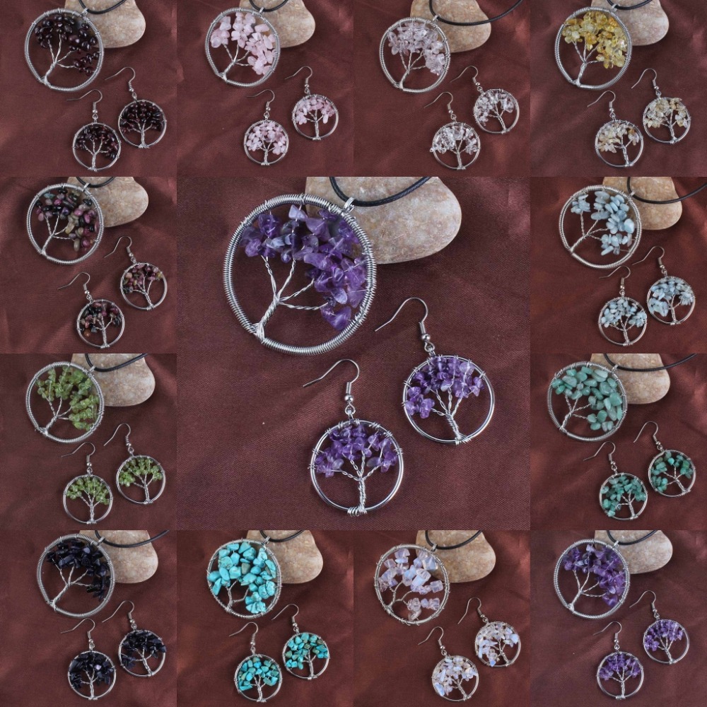 Kraft-beads Silver Plated Multi Style Quartz Stone Tree of Life Handmade Wire Earrings Necklace Jewelry Sets For Women