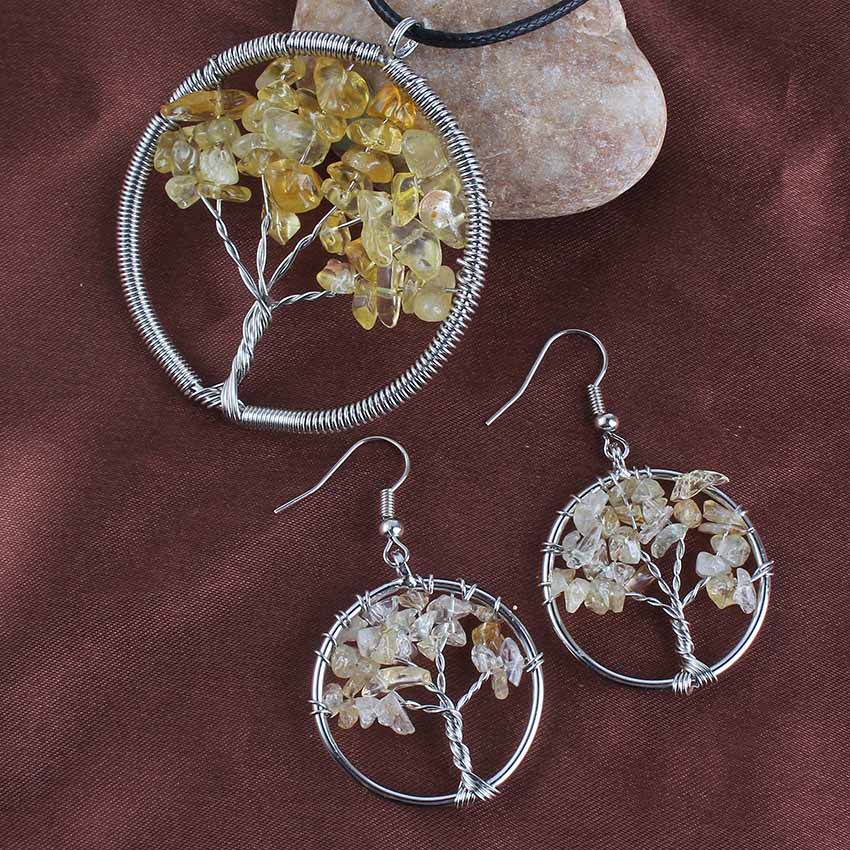 Kraft-beads Silver Plated Multi Style Quartz Stone Tree of Life Handmade Wire Earrings Necklace Jewelry Sets For Women - Image 4