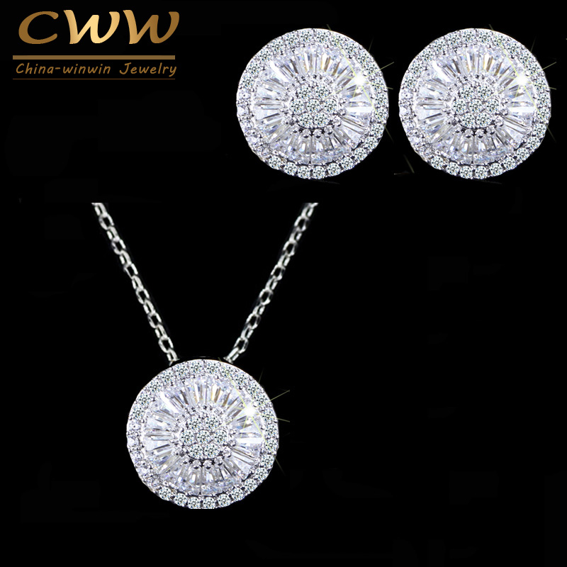 CWWZircons Top Quality CZ Crystal Women Fashion Jewellery Shiny Round Cubic Zircon Necklace and Earring Jewelry set T039