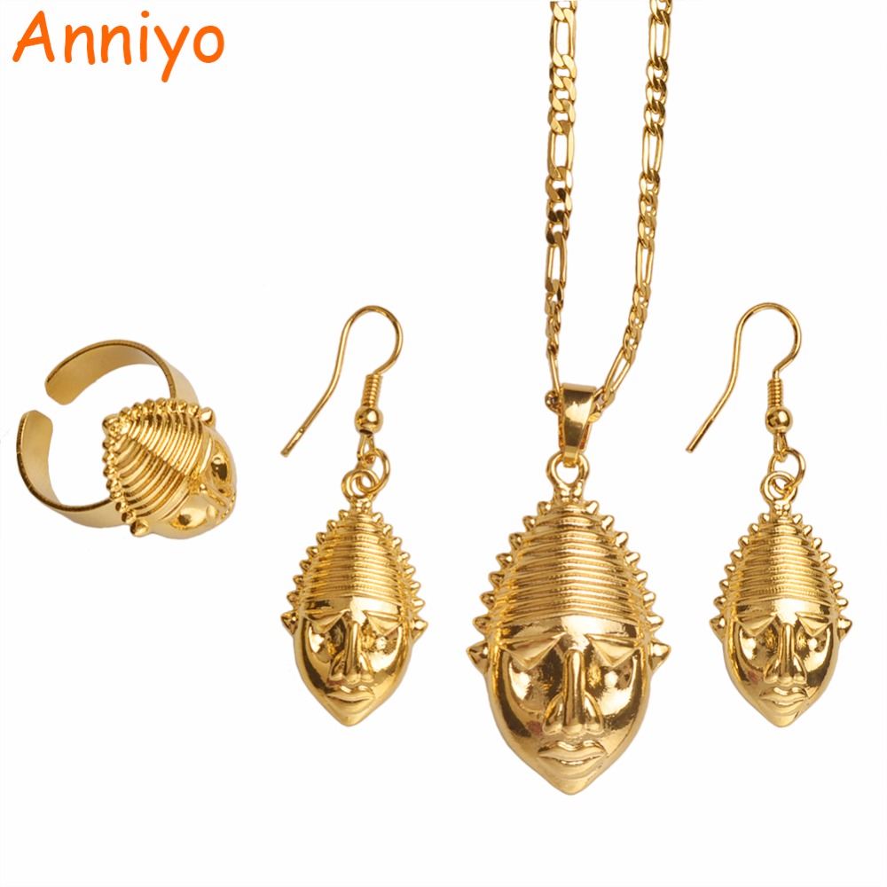 Anniyo PNG Mask Pendant/Necklaces/Ring/Earrings for Women,Papua New Guinea Gold Color Jewelry Ethnic Design Gifts #098206
