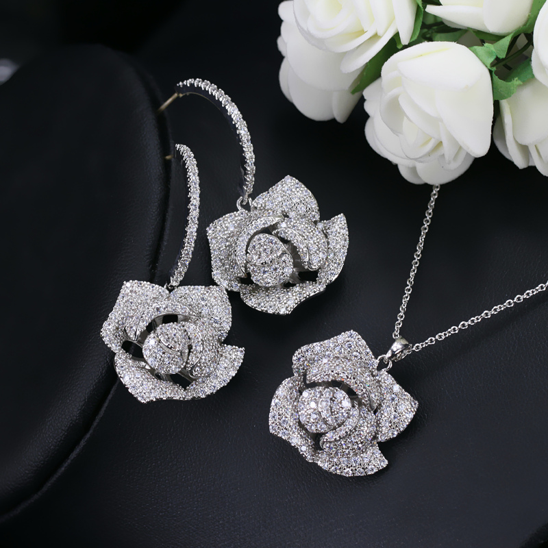 CWWZircons Fashion Brand Women Jewelry Beautiful Micro Pave Cubic Zirconia Flower Drop Pendant Necklace And Earrings Set T065 - Image 4
