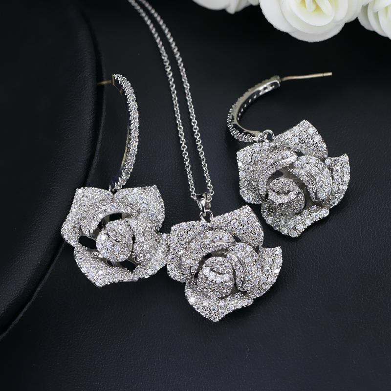 CWWZircons Fashion Brand Women Jewelry Beautiful Micro Pave Cubic Zirconia Flower Drop Pendant Necklace And Earrings Set T065 - Image 3