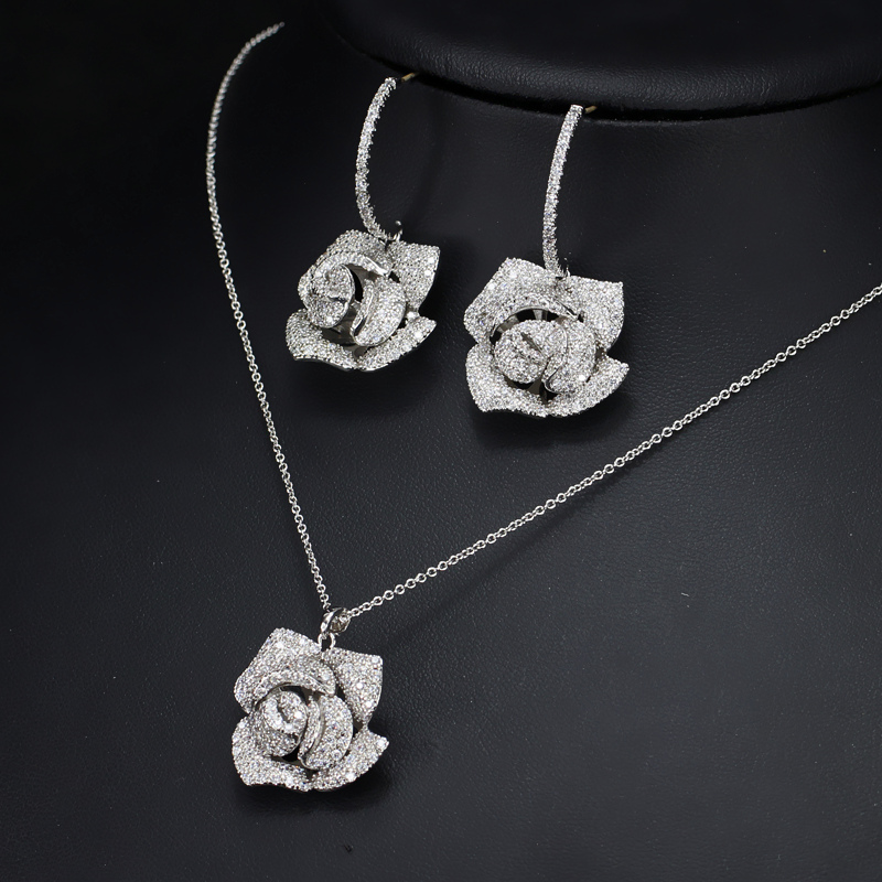 CWWZircons Fashion Brand Women Jewelry Beautiful Micro Pave Cubic Zirconia Flower Drop Pendant Necklace And Earrings Set T065 - Image 2