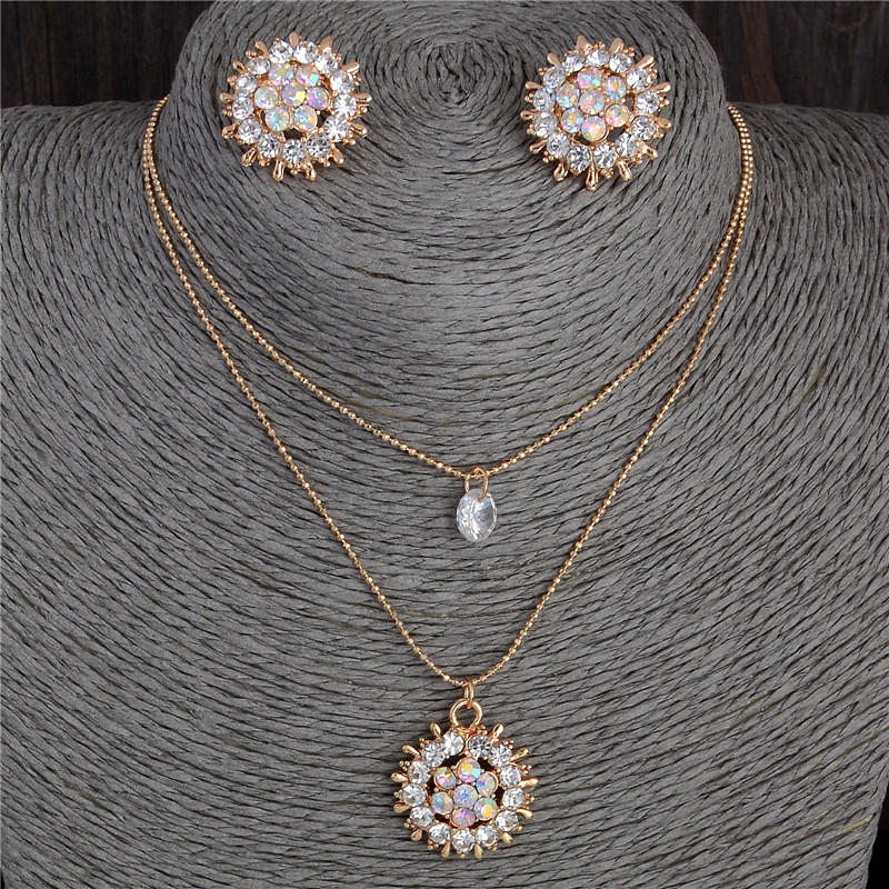 Exquisite Full CZ Crystal Pendants Necklace Earrings Sets 2 Layer Gold Color Jewelry Sets with Stud Earrings - Image 2