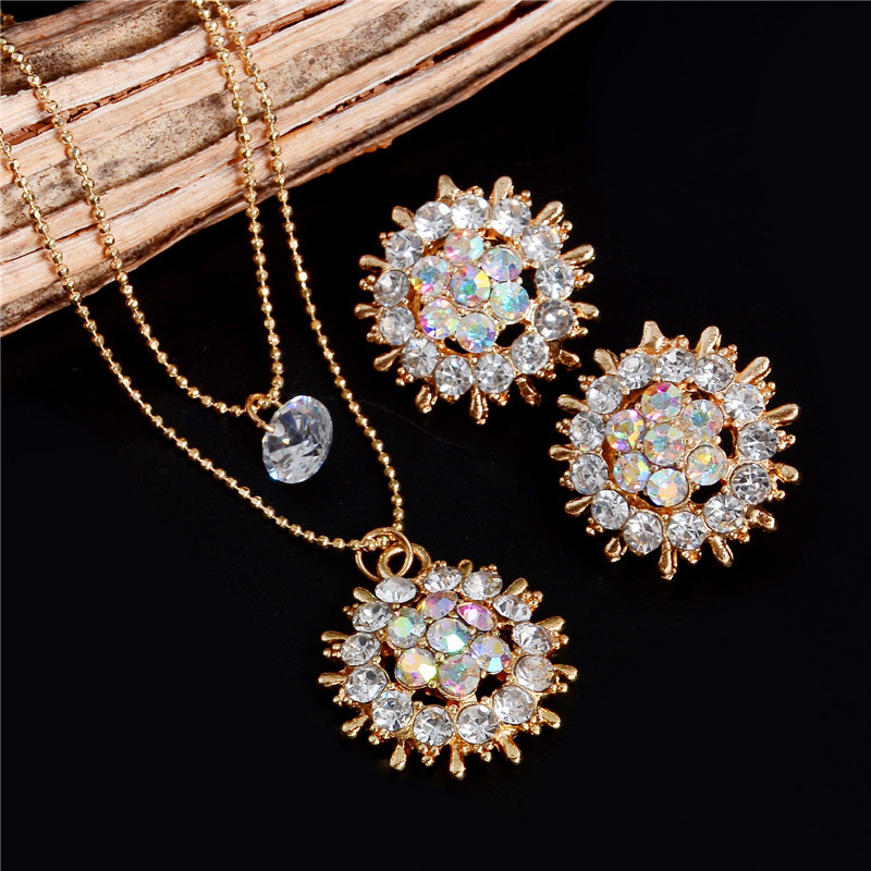 Exquisite Full CZ Crystal Pendants Necklace Earrings Sets 2 Layer Gold Color Jewelry Sets with Stud Earrings - Image 6