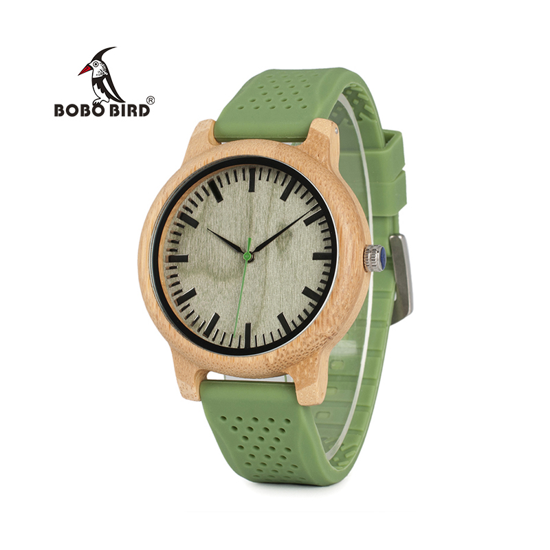 BOBO BIRD Luxury Timepieces Bamboo Watches with Soft Green Silicone Straps for Men and Women Quartz Watch in Gifts Boxes