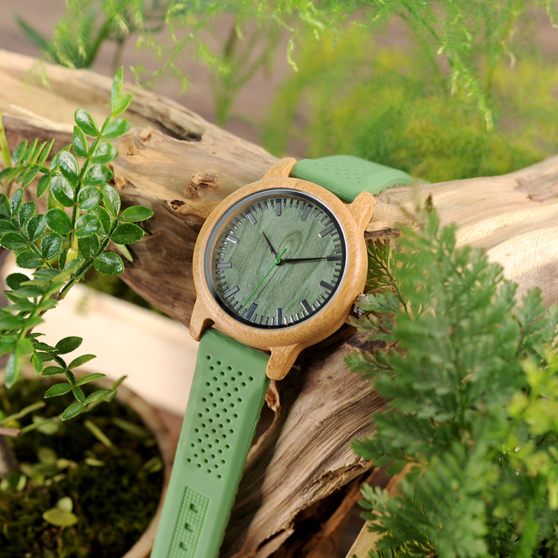 BOBO BIRD Luxury Timepieces Bamboo Watches with Soft Green Silicone Straps for Men and Women Quartz Watch in Gifts Boxes - Image 5