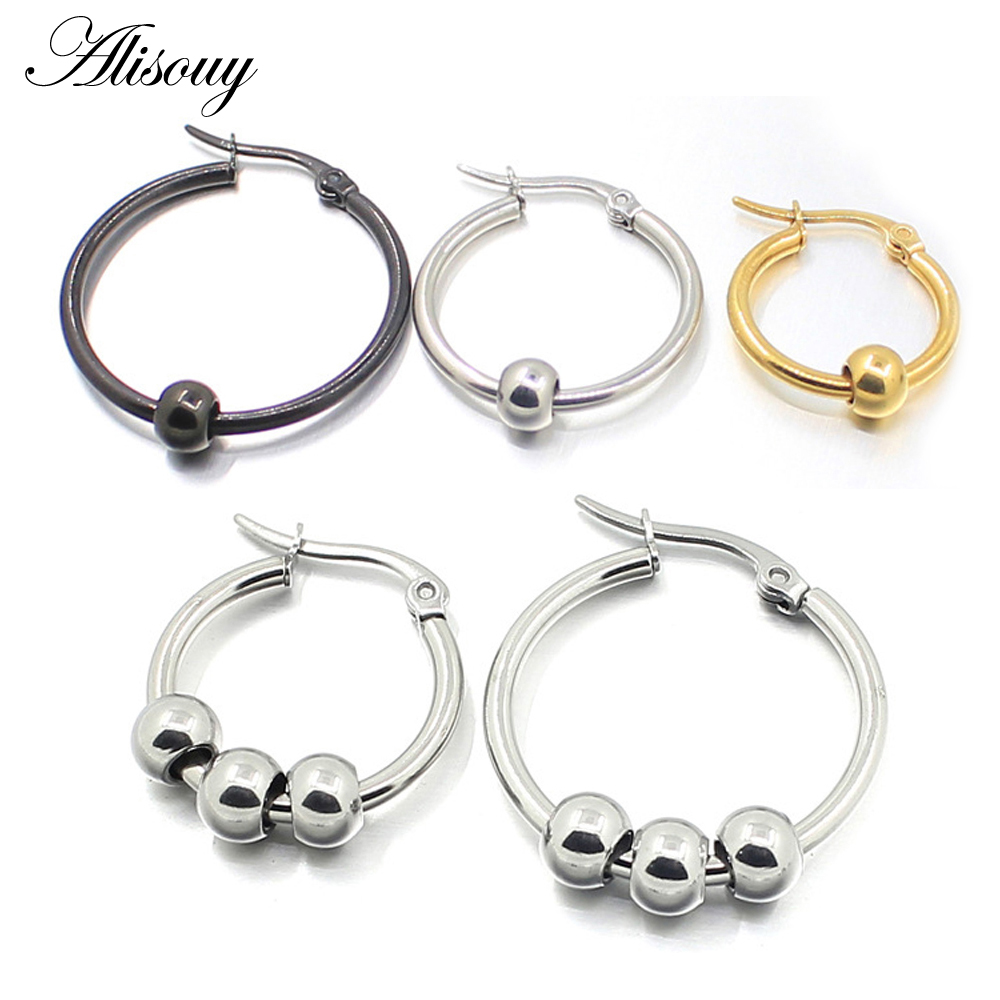 Aisouy Black Silver Gold color Stainless Steel Earrings Women Small Ball Big Hoop Earrings Party Rock Gift, 3 colors wholesale
