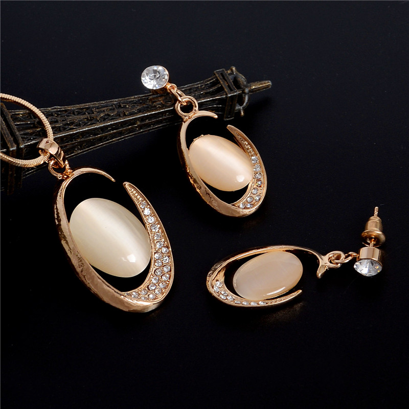ZOSHI Golden Plated Jewelry Sets For Women Luxury Wedding Bridal Rhinestone Gem Jewelry Set Opal Cat’s Eye Necklace Earrings Set