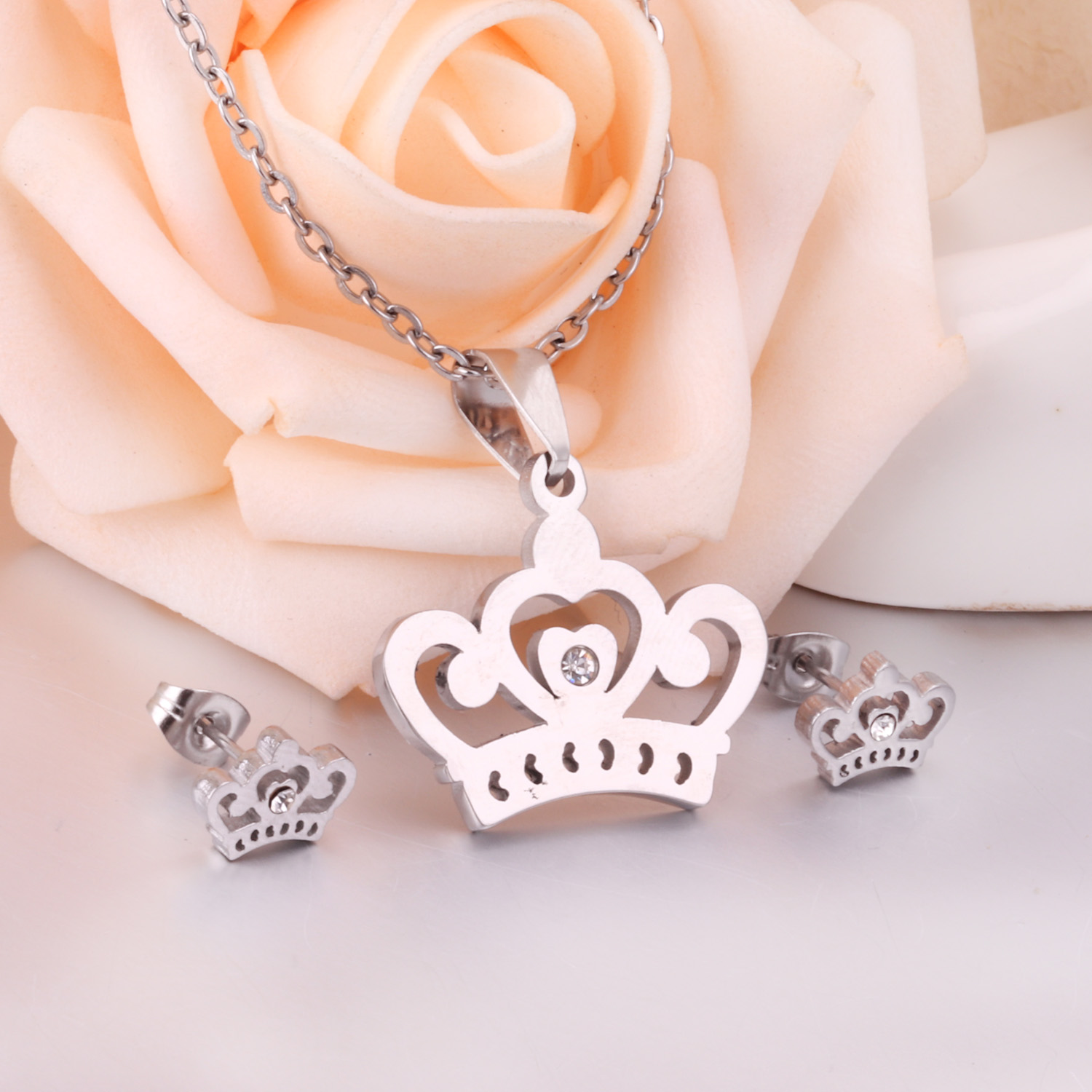 LUXUSTEEL Bridal Jewelry Sets Stainless Steel Crown Gold/Silver Color Pendant Necklace Fashion Charm Crystal Earrings For Women - Image 6
