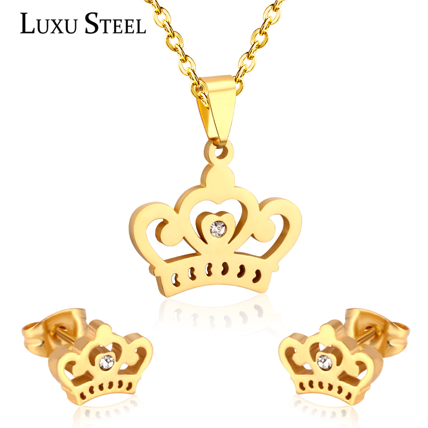 LUXUSTEEL Bridal Jewelry Sets Stainless Steel Crown Gold/Silver Color Pendant Necklace Fashion Charm Crystal Earrings For Women