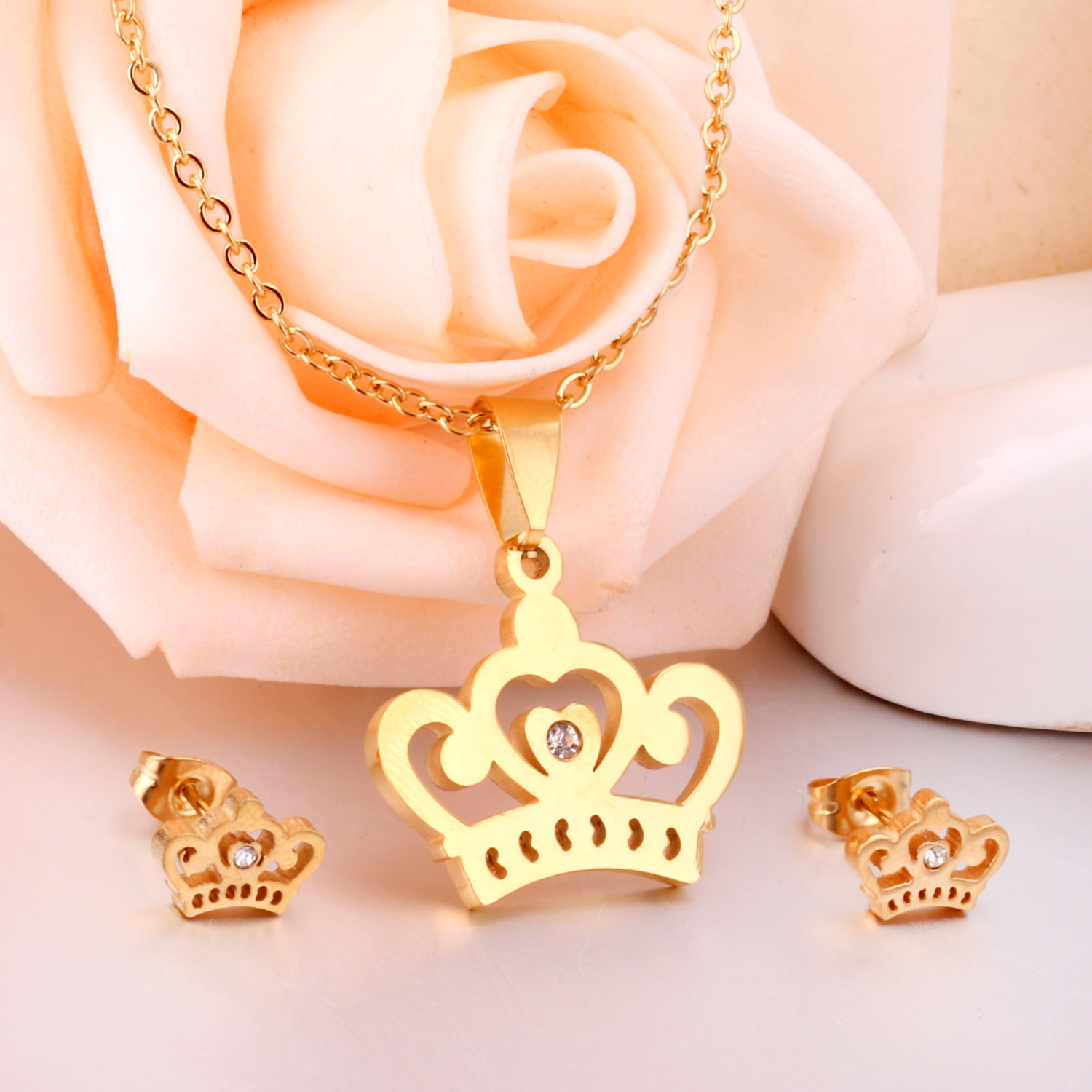 LUXUSTEEL Bridal Jewelry Sets Stainless Steel Crown Gold/Silver Color Pendant Necklace Fashion Charm Crystal Earrings For Women