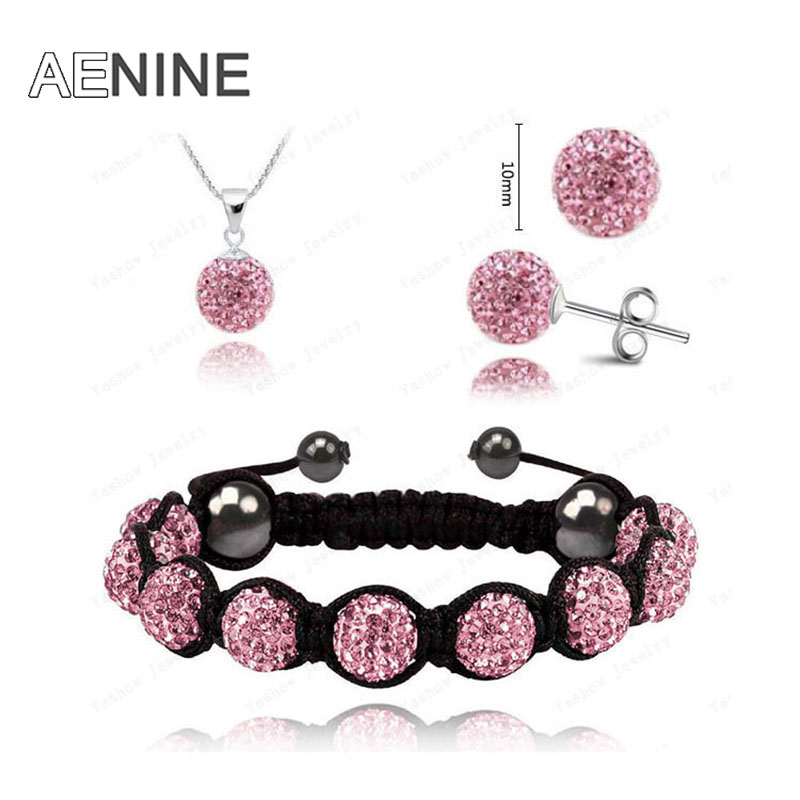 AENINE European Style Jewelry Sets Necklace+Bracelet+Earrings 10mm Micro Pave CZ Disco Beads Crystal Office Jewelry Sets SHSE21