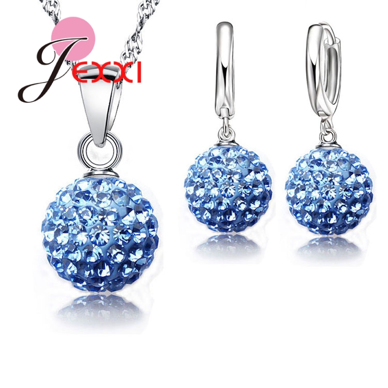 JEXXI Best Hot New Jewelry Sets 925 Sterling Silver Austrian Crystal Pave Disco Ball Lever Back Earring Pendant Necklace Woman