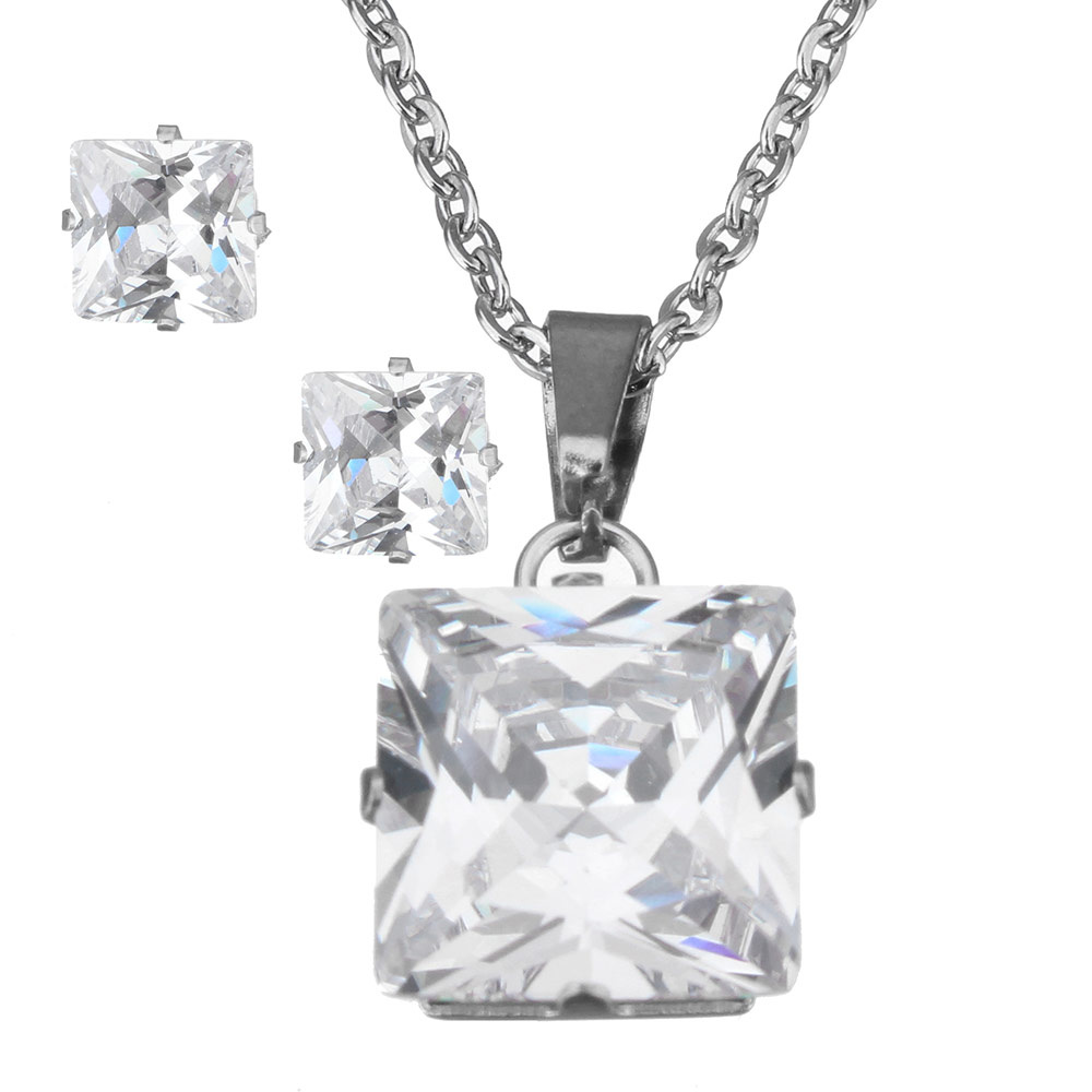 Newest Fashion Stainless Steel Jewelry Sets Stud Earring & Necklace Square  CZ Pendant Necklace For Women Bridal Wedding Jewelry