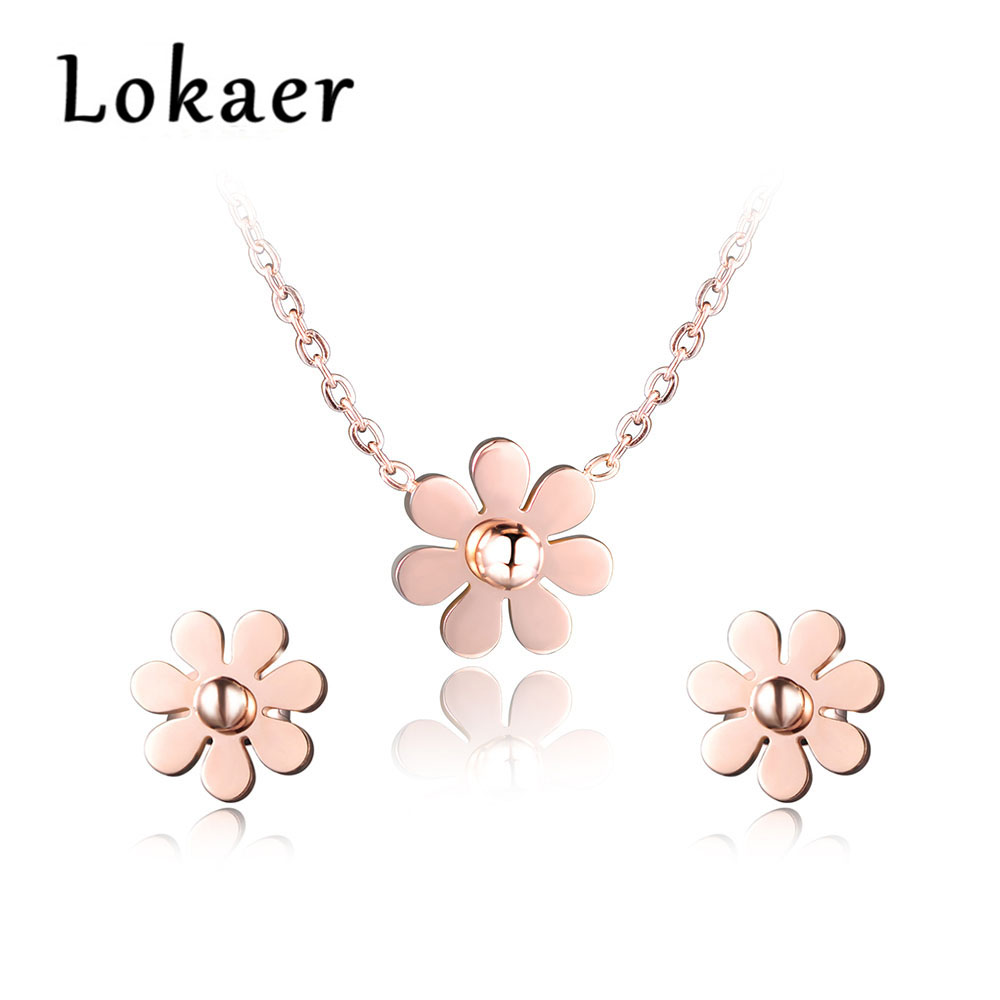 Lokaer 316L Stainless Steel Dazzling Daisy Flower Choker Neckalce & Earrings Sets Rose Gold Color Lovely Set Jewelry For Women