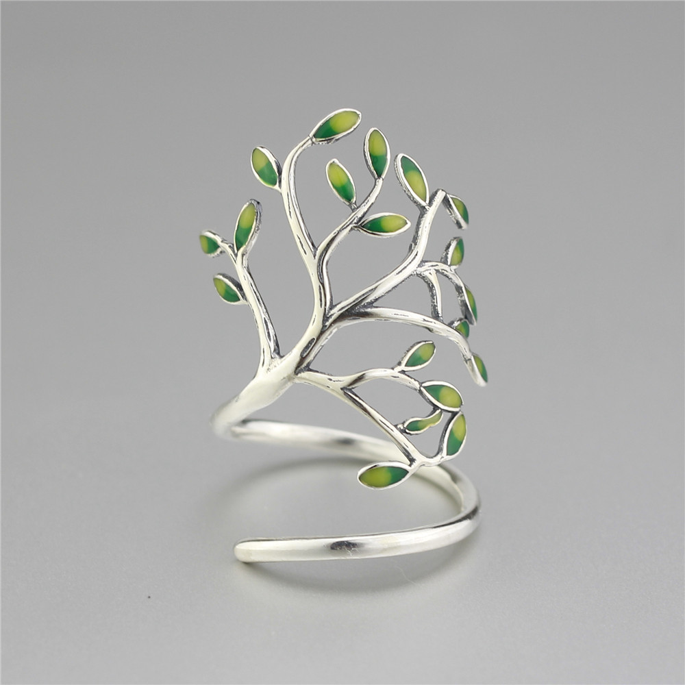 925 Sterling Silver Drop Glaze Leaves Open Rings For Women Original Handmade Lady Prevent Allergy Sterling-silver-jewelry