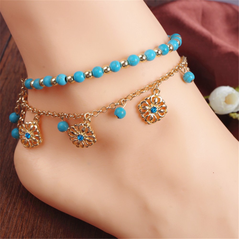 New Boho Ethnic Summer Multilayer Metal Chains Natural Green Stone Bead Anklet Foot Flower Vintage Jewelry Bracelet Accessories - Image 4