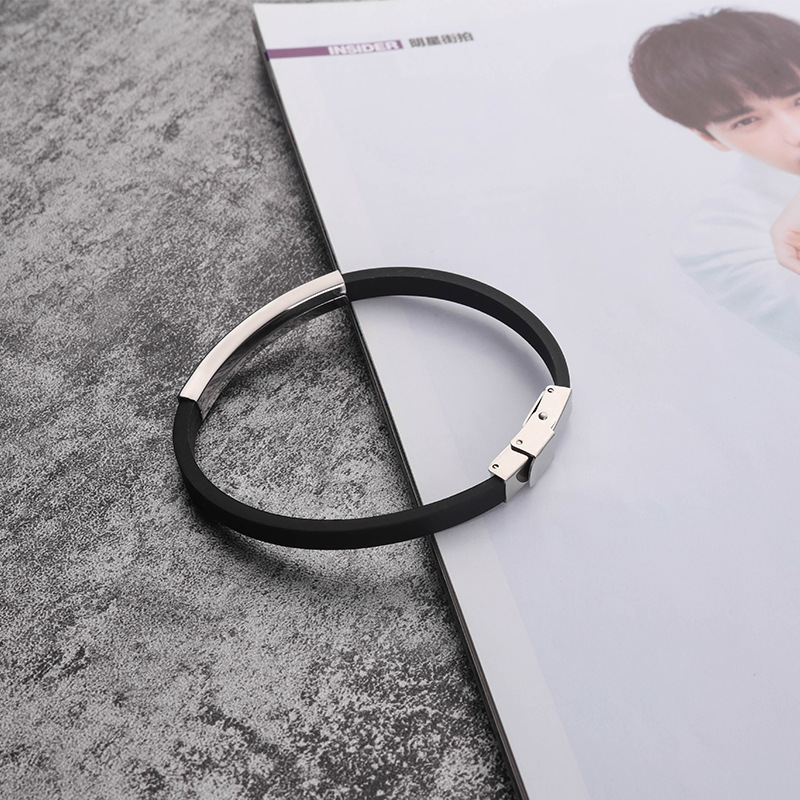 Fashion Jewelry Silicone Rubber Black Bar 220 Mm Stainless Steel Men Bracelet Bangle - Image 3