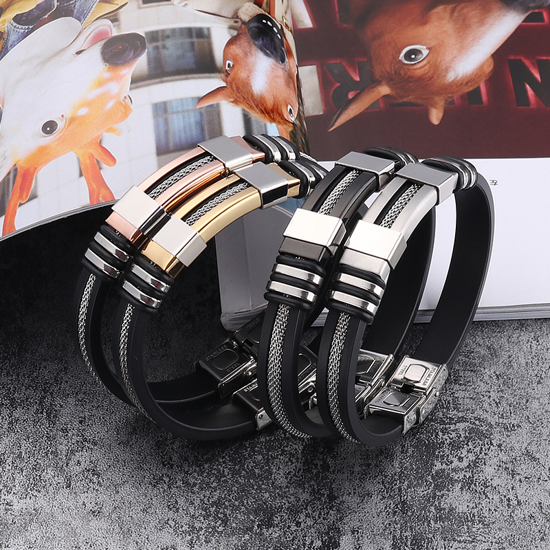 2018 Stainless Steel Silicone Black Bracelet Men WristBand Punk Style New Design Men Bracelet Simple Rubber Charm Pulsera Hombre - Image 4