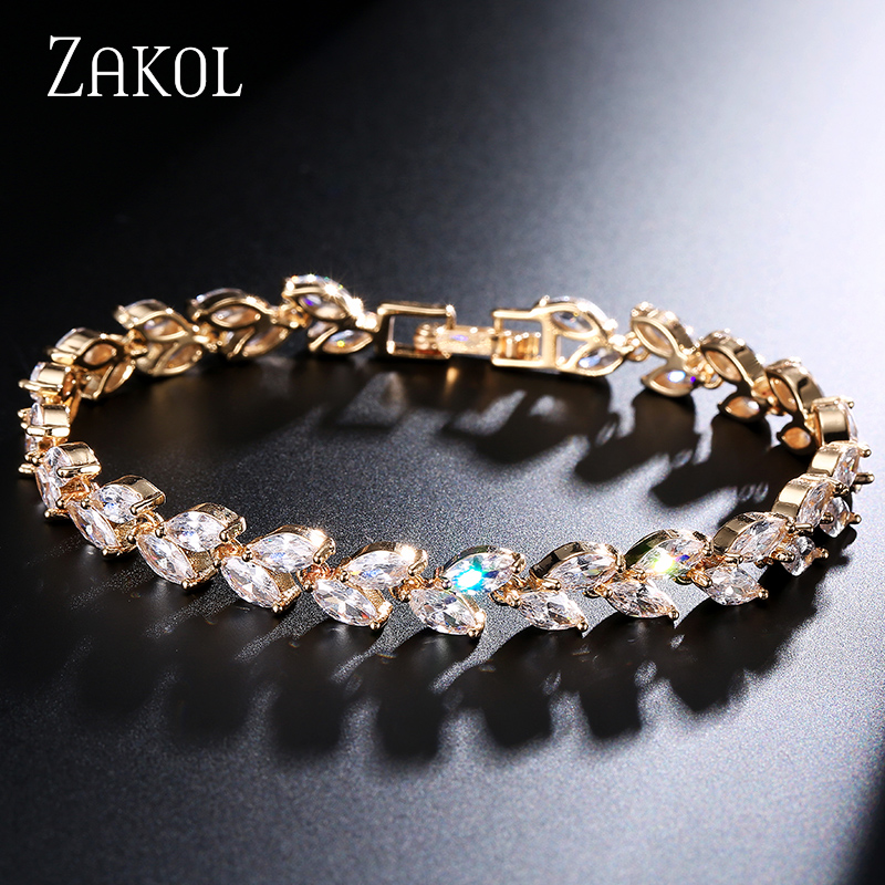 ZAKOL Trendy Bride Jewelry Sliver Color Leaf Charm Cubic Zirconia Bracelet & Bangles Clear CZ Crystal Bangles For Women FSBP061 - Image 4