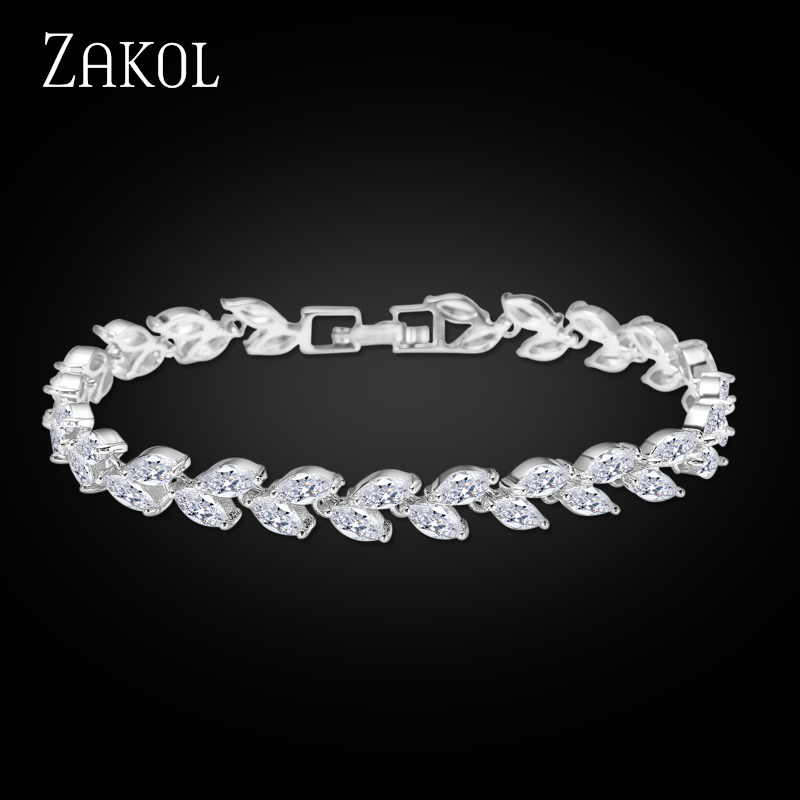 ZAKOL Trendy Bride Jewelry Sliver Color Leaf Charm Cubic Zirconia Bracelet & Bangles Clear CZ Crystal Bangles For Women FSBP061 - Image 5