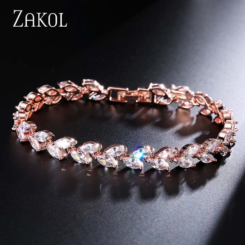 ZAKOL Trendy Bride Jewelry Sliver Color Leaf Charm Cubic Zirconia Bracelet & Bangles Clear CZ Crystal Bangles For Women FSBP061 - Image 3