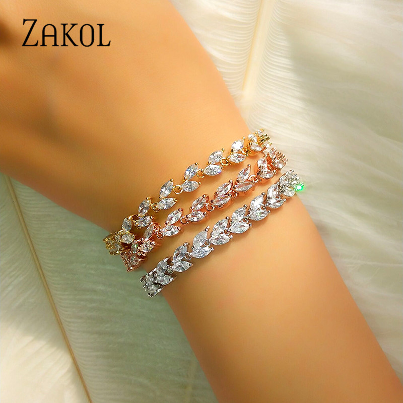 ZAKOL Trendy Bride Jewelry Sliver Color Leaf Charm Cubic Zirconia Bracelet & Bangles Clear CZ Crystal Bangles For Women FSBP061 - Image 2