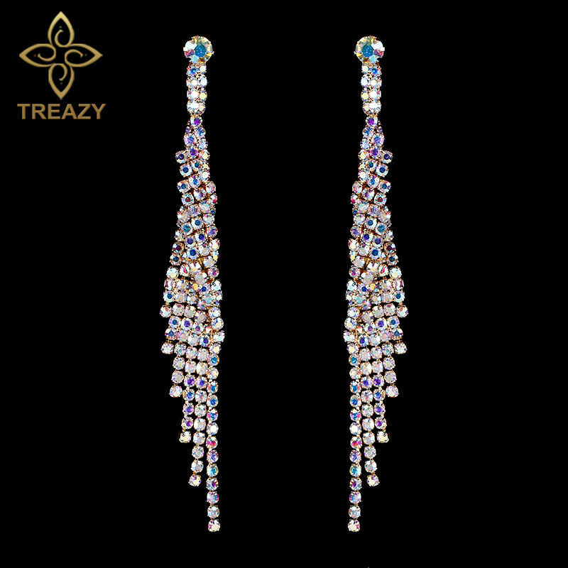 TREAZY Crystal Tassel Long Wedding Earrings Multicolor Rhinestone Bridal Earrings for Women 2017 Wedding Party Jewelry