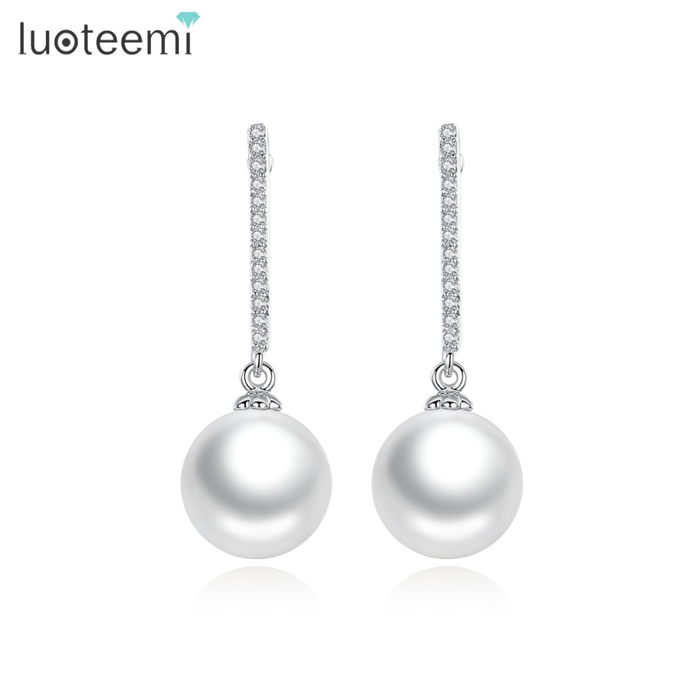 LUOTEEMI Fashion Female Models Long Tiny CZ Crystal Line with Round White Imitation Pearl Drop Dangle Earrings Brinco Jewelry