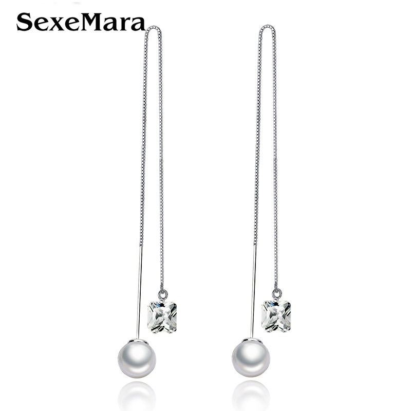 2017 Shiny Austrian Cystal Drop Earrings Simulated Pearl Jewelry Fashion silver Ear Wire Chain Long Earrings for Women