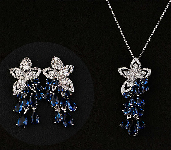 SINZRY Hotsale 2017 white Cubic zircon flower tassel choker pendant necklace earring jewelry set Korean jewelery