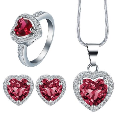 Top quality Girl Women Accessories Bridal Silver Color Crystal Heart Necklace Earrings jewelry Sets Wholesale Fashion Jewellery