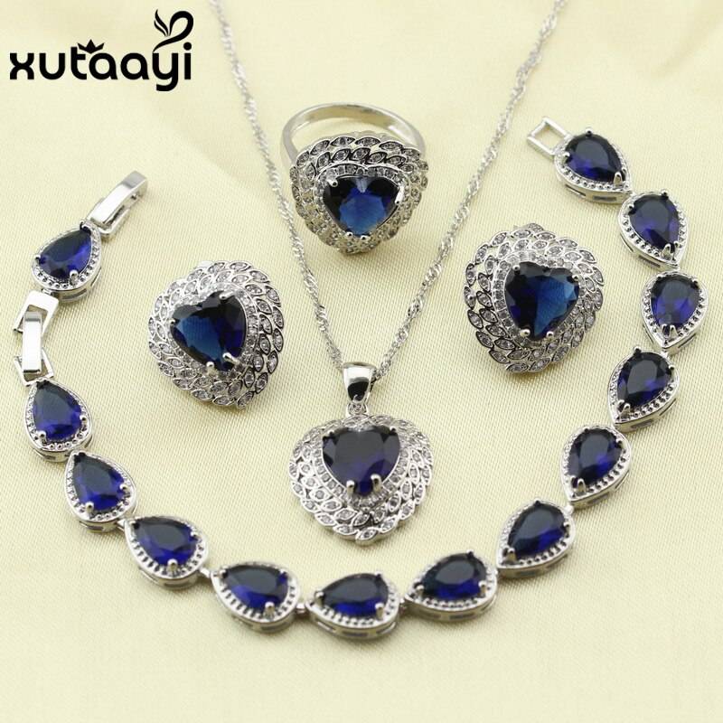 XUTAAYI Top Quality 925 Silver Jewelry Sets Blue Created Sapphired Flawless Necklace/Rings/Earrings/Bracelet For women