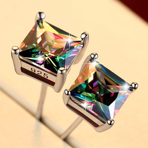 Cute Female Small Rainbow Earrings Crystal Stone Fashion Silver Wedding Earrings Colorful Double Stud Earrings For Women