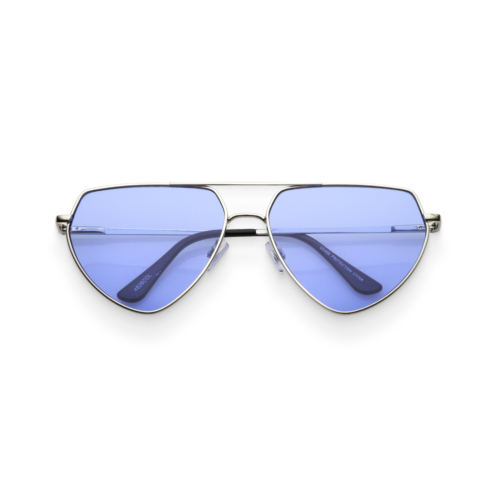 Silver & Blue Retro Flat-Top Triangle Sunglasses - Image 2